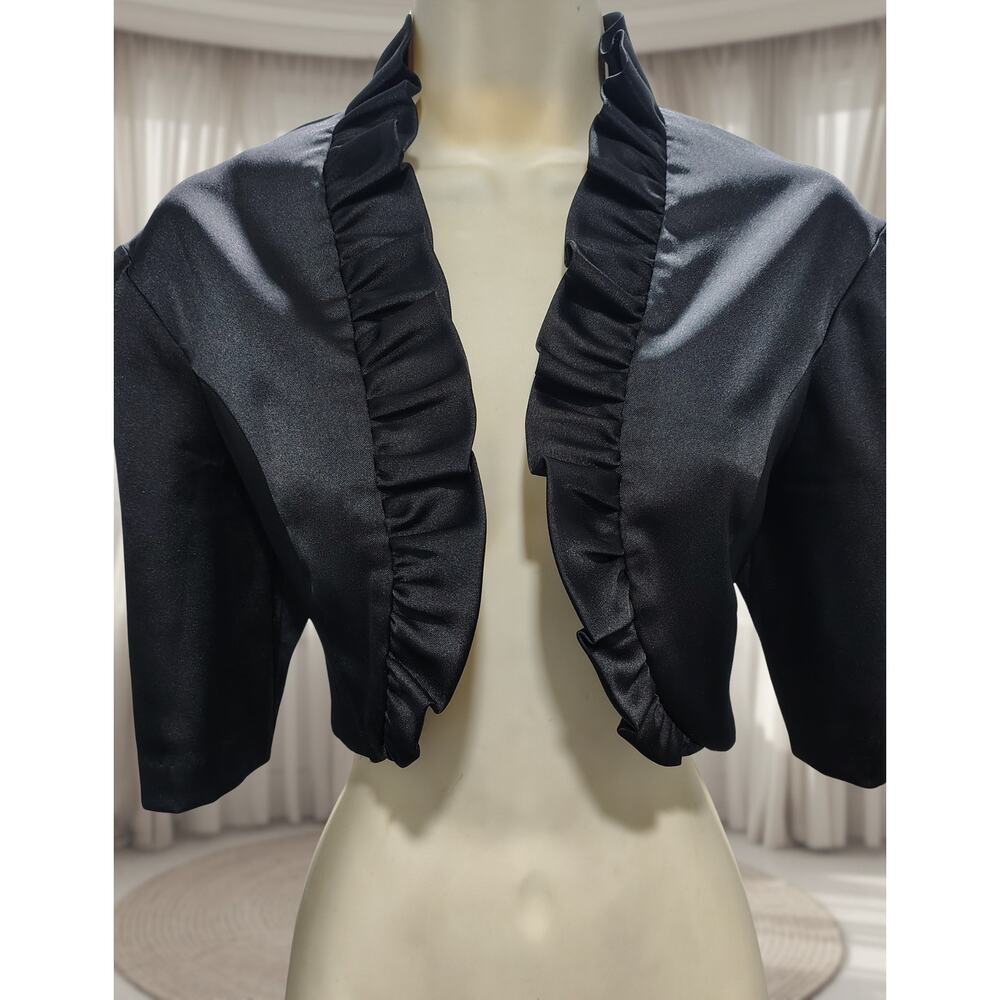 CONNECTED APPAREL Women's Black Satin Ruffle Shrug Crop Jacket Sz. 6 / S / Small